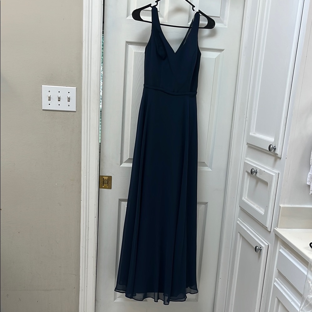 Azazie Briena Dark Navy Blue Sleeveless V-Neck Maxi Gown size A2